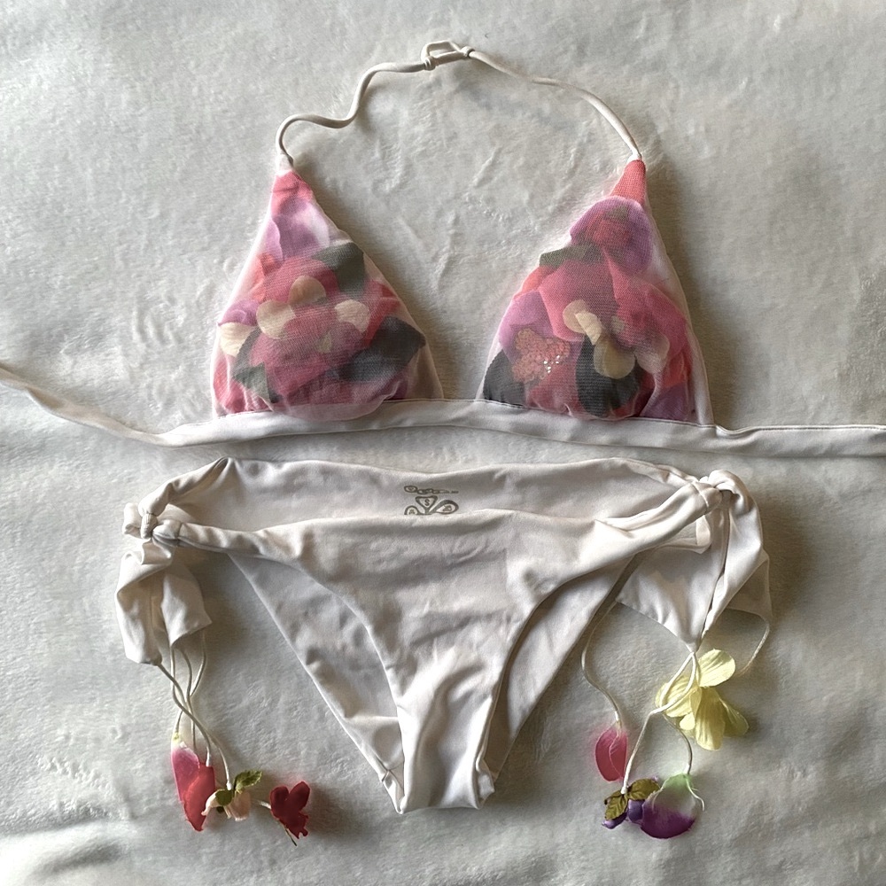 White Bikini Set with Floral Accents